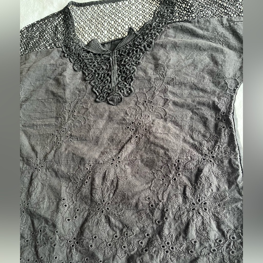 Chic Black Lace Crochet Eyelet Blouse Embroidered Festival Boho Peasant Goth - Picture 7 of 10
